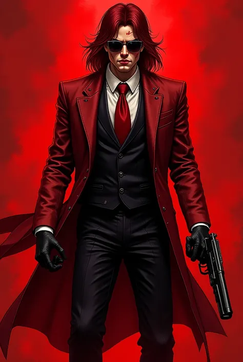 A crime boss with a hair, sunglasses and a lot of scars and with a katana and a lot of firearms in his suit and holding in his hand., inspired by Alucard by Helsing anime style. Dressed in elegant red with medium long hair while shooting with a gun