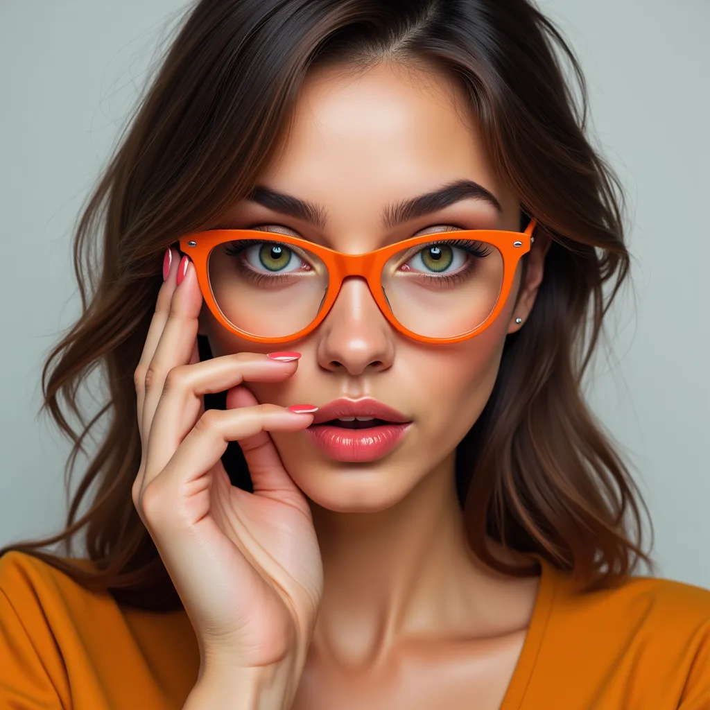 full body portrait, realistic woman, fair skin, green eyes, she is wearing orange framed glasses, she has a surprised expression, she is lowering the glasses below her eyes with one hand, 