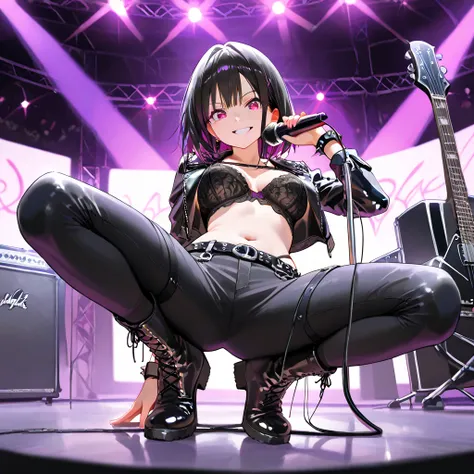 A young rocker in her 20s dominates the stage, holding the microphone with energy and passion while staring at the audience with an intense and determined gaze. Her long, messy black hair with purple highlights sways with the movement of her performance. H...