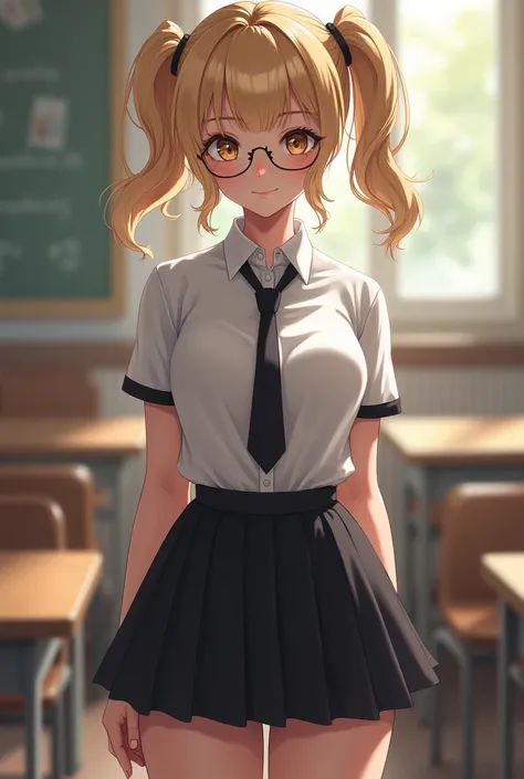 Realistic blonde girl in school uniform, tight tie and shirt,  short black skirt, Bring plastic glasses and two pigtails, big boobs, small waist and big ass