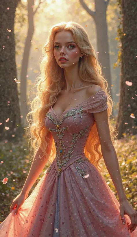 **Prompt:**  
A hyper-realistic, cinematic 4K digital painting of Princess Aurora from *Sleeping Beauty*. She has long, flowing golden-blonde hair with soft waves, delicate facial features, and warm hazel eyes. Her fair skin appears luminous with lifelike ...