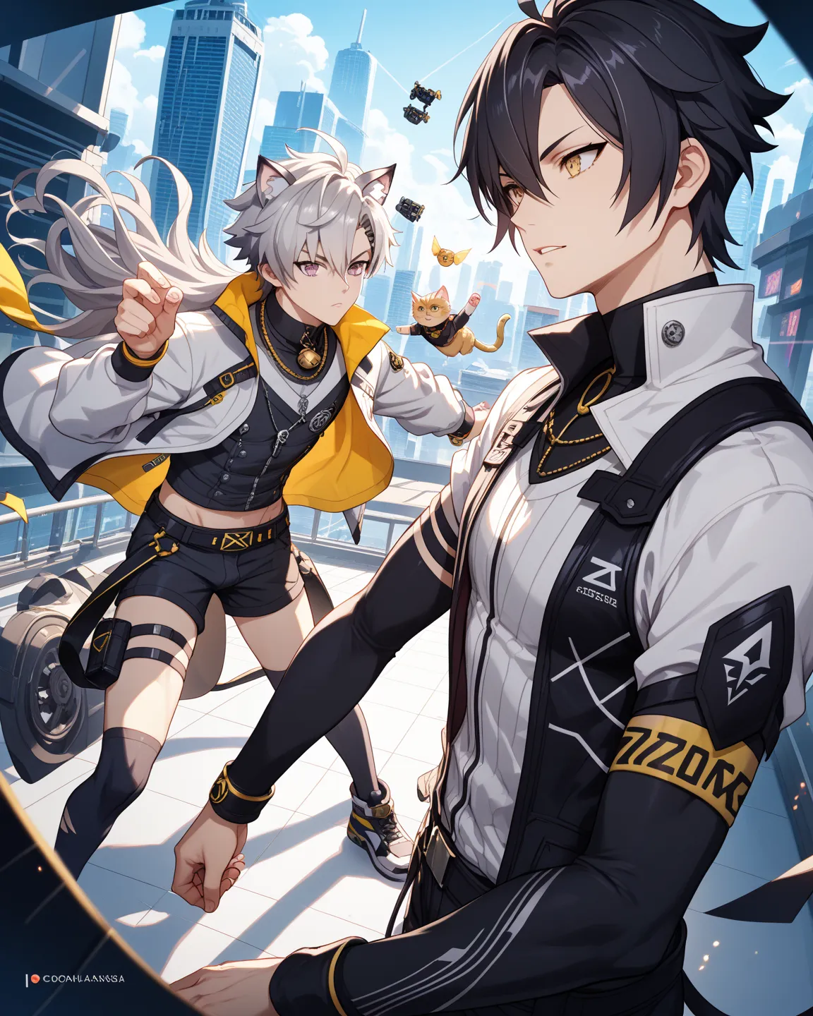 2 boys, 
1 boy is Asaba Harumasa, Zenless Zone Zero,  black hair, deco bangs, with golden eyes, human. 
1boy is Seth Lowell, Zenless Zone Zero, Cat ears, Gray Hair, bangs between eyes, purple eyes. 