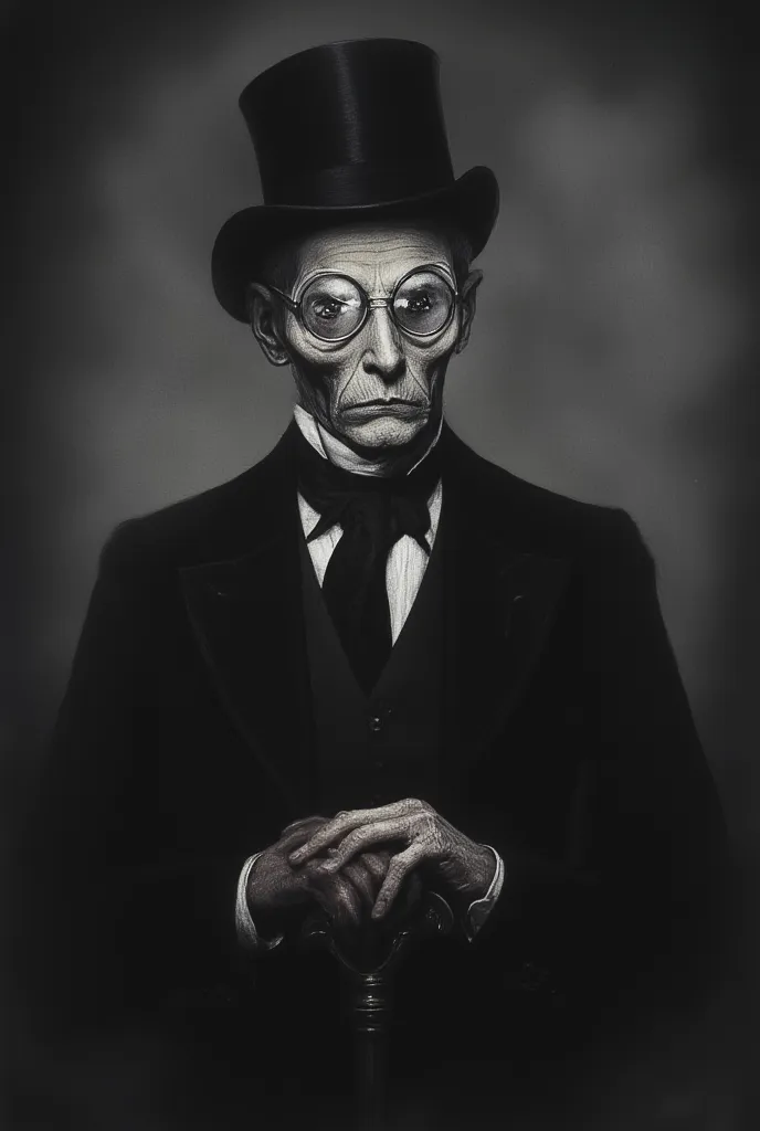 Picture of an old man with a grim thin face. He is wearing black suit and top hat, hand resting on cane. He has roundish shades, hiding his eyes. His face is thin, stern. He feels like imposing Victorian era gentleman. B&W Madness emits from his face.
