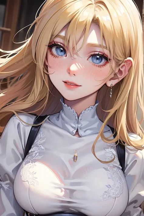 Masterpiece, ((1 Girl)), ((Best Quality)), (Ultra-detailed), Highly detailed, ((Big breasts)), ((Close up, Upper Body Angle)), Perfect Lighting, Perfect background, ((Straight Long Hair, Blonde Hair, Blue eyes)), ((White-Skinned, White Skin)), ((30-years-o...