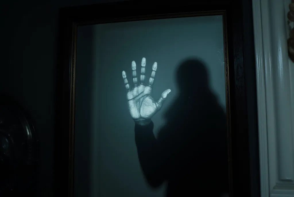 19. The Mirror’s Warning

A handprint is left on the mirror, inside the glass. The protagonist’s real self, now trapped, is still trying to get out—but no one notices.