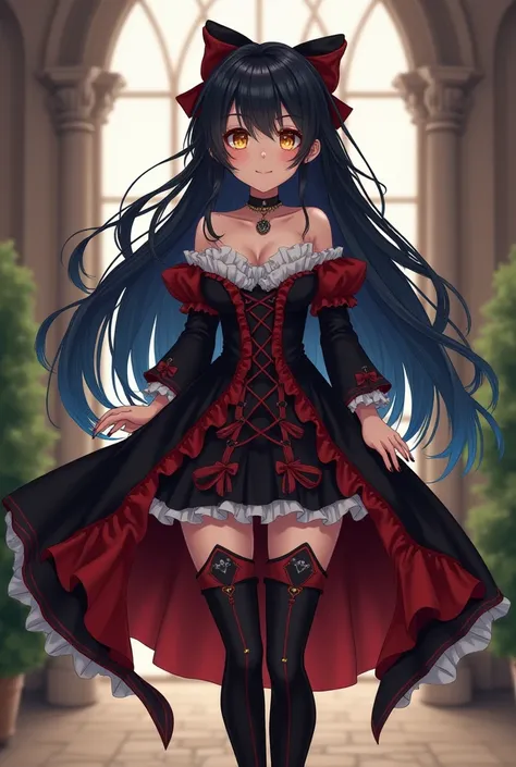 Adult female. Fully body. Long flowy black/blue hair. Bright gold eyes. big thick lashes. Anime cartoon Style. Black and red Victorian 18th century style dress, thigh high stockings and knee high black boots. Hair bow accessories. Black Choker necklace and...