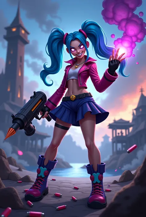 "Create a third-person view image of Jinx, a personagem de League of Legends, In its classic version,  woman with long blue hair , glowing eyes and a malicious smile. She is holding her Pow-Pow gun with a relaxed posture, as if ready to cause chaos. The sc...