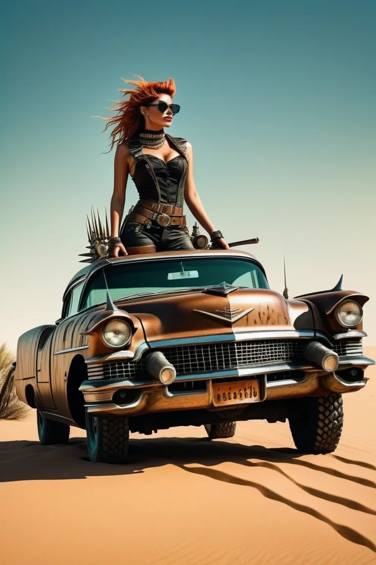 faithful image of an old rusty 1955 cadilac eldorado with spikes and spikes on the hood, military style with modifications, he is running in the sand of the Sahara desert, carro steampunk, dramatic art, estilo de arte dieselpunk, apocalyptic road warrior v...