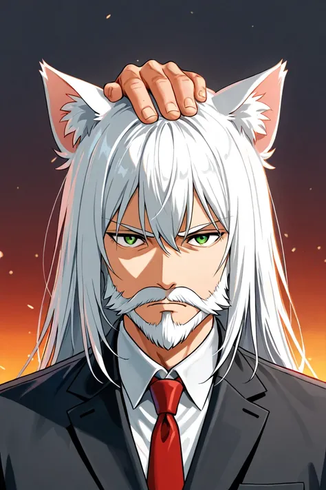 anime style, Albino man, high, with cat ears on the top of the head, green eyes, serious expression,  straight and long white hair , short white beard wearing a black suit with red tie