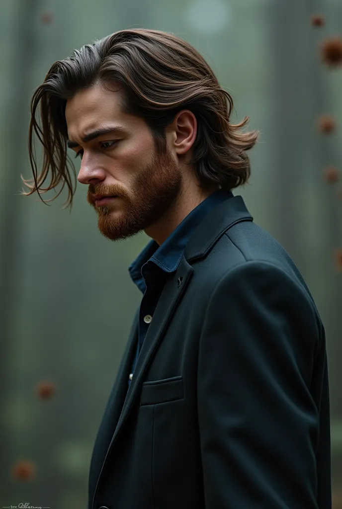 29-year-old man who looks young, he measures 1.80 meters tall, brown eye color, brown eyes, long hair, tie with a red beard and is depressed he is not in a suit