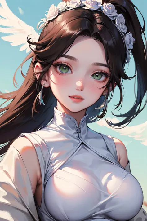 Masterpiece, ((1 Girl)), ((Best Quality)), (Ultra-detailed), Highly detailed, ((Big breasts)), ((Close up, Upper Body Angle)), Perfect Lighting, Perfect background, ((Ponytail Long Hair, Black Hair, Green eyes)), ((White-Skinned, White Skin)), ((20-years-o...