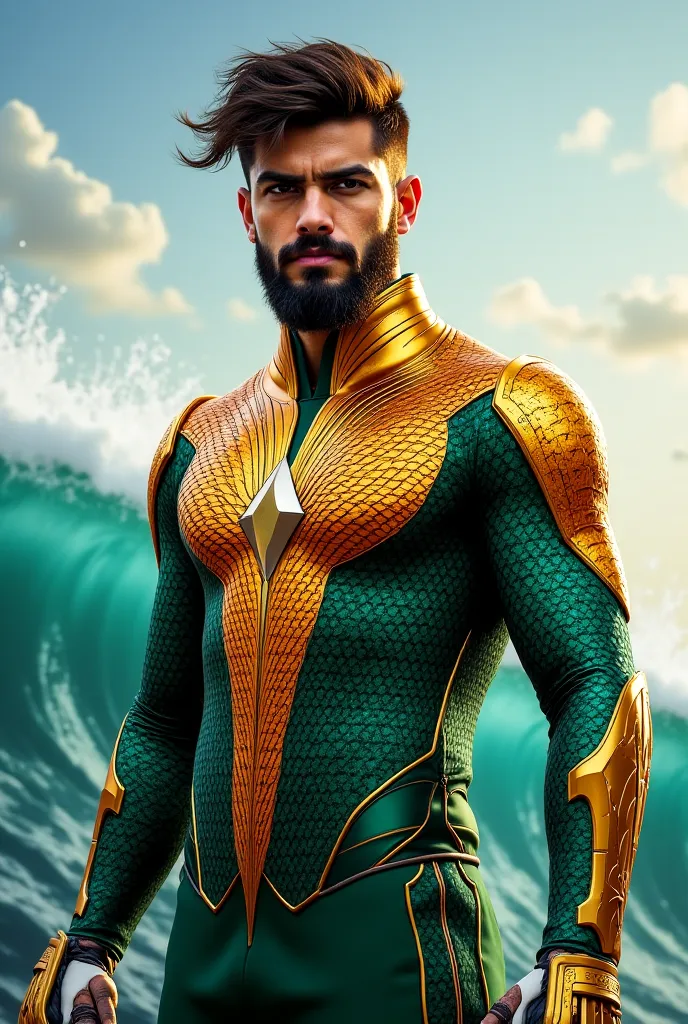 "Create an image of Babar Azam, the Pakistani cricket batter, dressed in an Aquaman-inspired suit. The suit should be a sleek, golden and green armor, similar to Aquaman's, featuring intricate, oceanic patterns on the chest and shoulders. He should be hold...