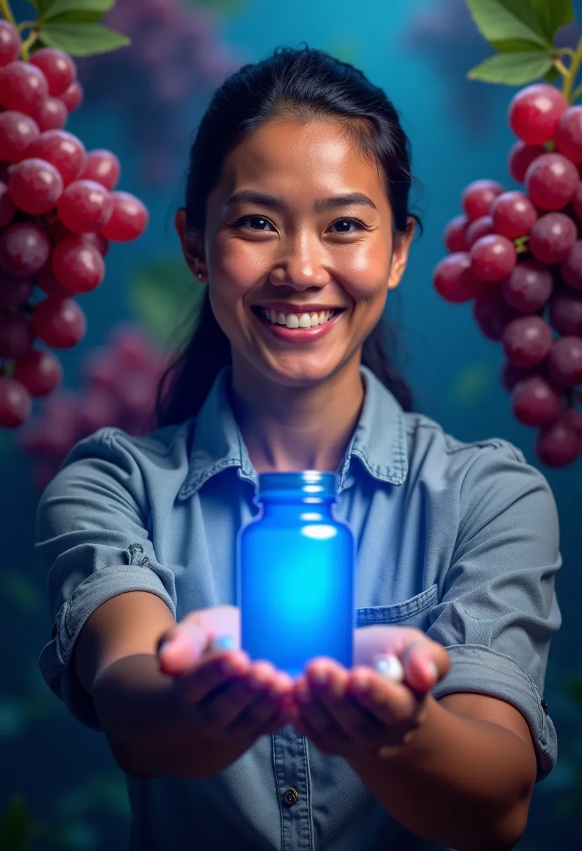 Peruvian person ( Male or Female , 35-50 years old) with an energetic and healthy expression, holding a capsule or the blue bottle of NAD+ Cell Regenerator™ and Resveratrol Elite™. Background with red grapes (for resveratrol) and a blue glow symbolizing ce...