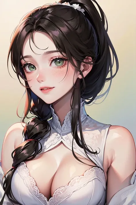 Masterpiece, ((1 Girl)), ((Best Quality)), (Ultra-detailed), Highly detailed, ((Big breasts)), ((Close up, Upper Body Angle)), Perfect Lighting, Perfect background, ((Ponytail Long Hair, Black Hair, Green eyes)), ((White-Skinned, White Skin)), ((20-years-o...