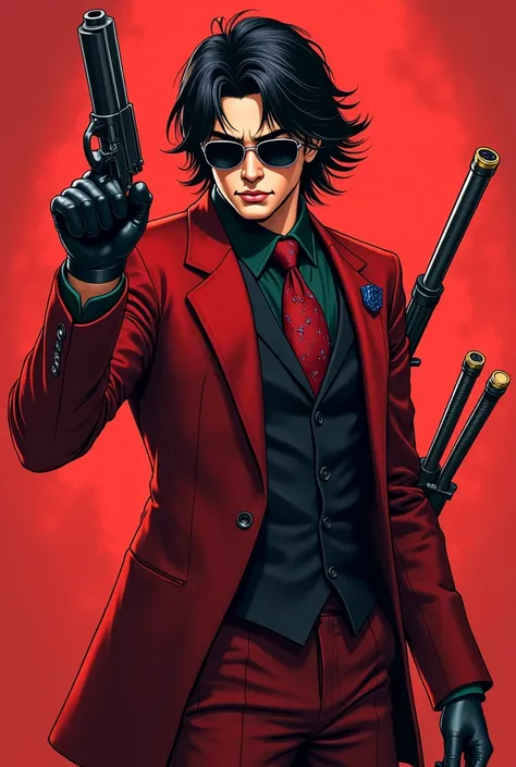 A crime boss with a hair, sunglasses and a lot of scars and with a katana and a lot of firearms in his suit and holding in his hand., inspired by Alucard by Helsing anime style. Dressed in elegant red with medium long hair, Who points the gun at you and sh...