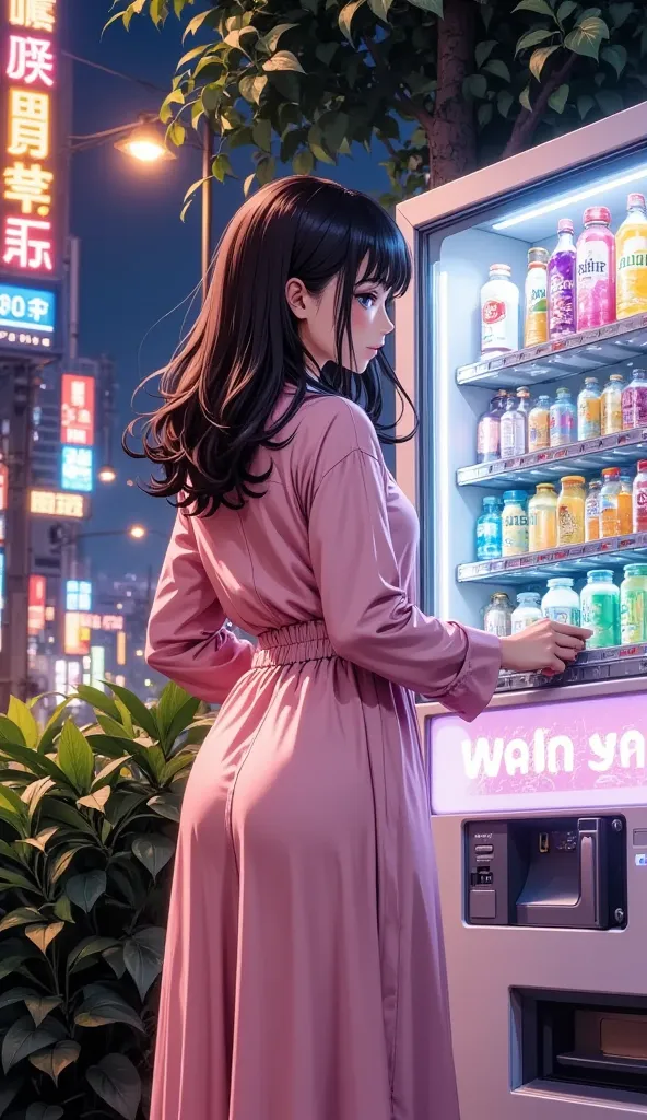 vending machine dispensing beverages at night in a neon-lit street, with a young beautiful asian woman wearing a pink floor length one piece dress  selecting a drink." Additional details include the presence of foliage, the glow of the vending machine's di...