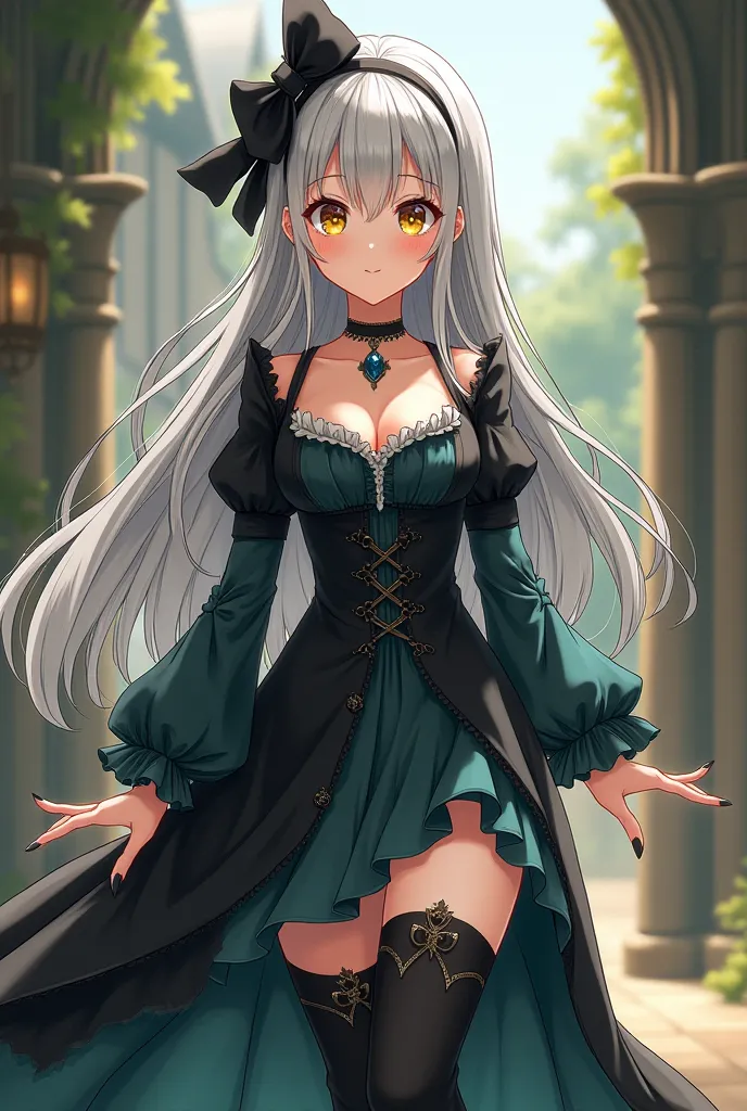 Adult female. Fully body. Long flowy silver hair. Bright gold eyes. big thick lashes. Anime cartoon Style. Black and dark teal Victorian 18th century style dress, thigh high stockings and knee high black boots. Hair bow accessories. Black Choker necklace a...