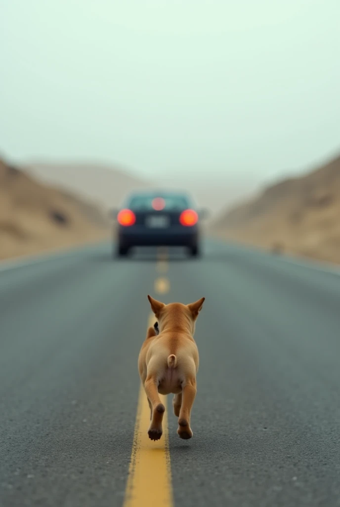 A small, abandoned puppy runs desperately down a deserted road, chasing after a car that is driving away. Its tiny legs struggle to keep up as it sprints with all its strength, but the distance keeps growing. The road is empty, with no one around to help. ...