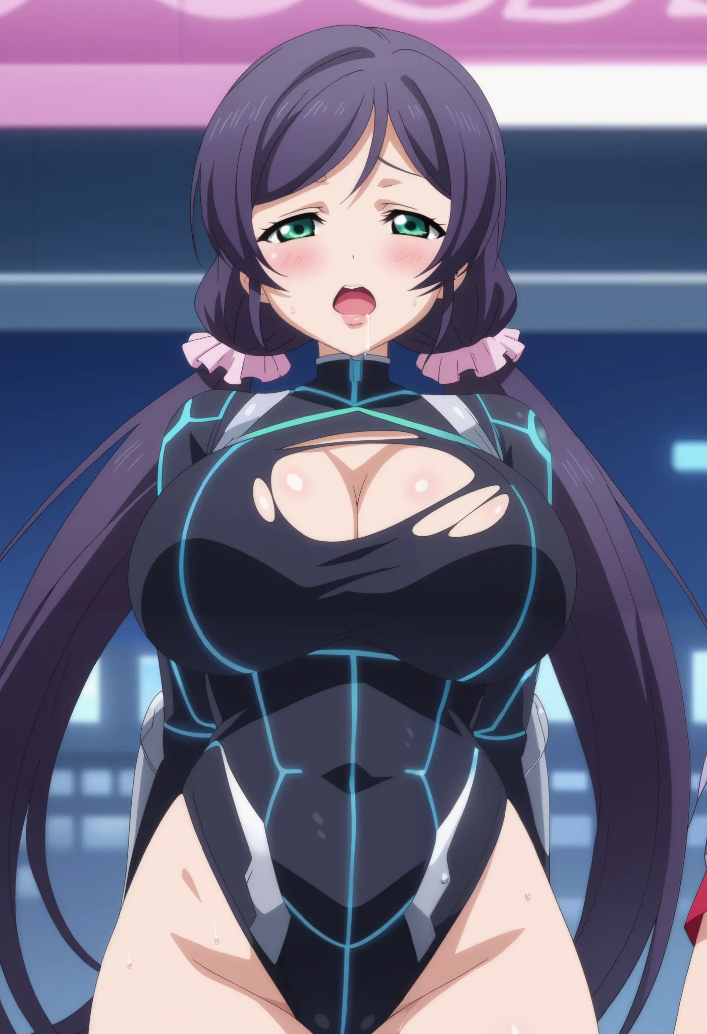 (score_9, score_8_up, score_7_up), source_anime, (anime coloring, anime screencap:1.2), solo,flat color, (high contrast, soft shadows, anime shading), (shiny skin, realistic highlights, smooth skin texture), cowboy shot, drooling, (huge breasts), Nozomi To...