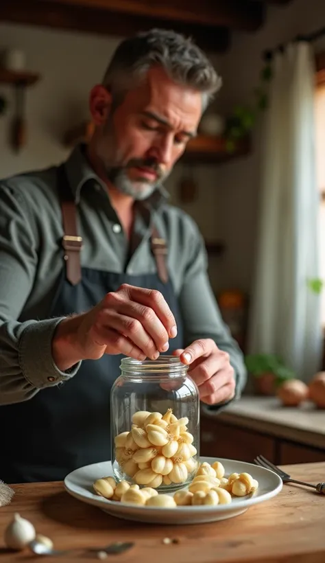 Generate a man Opening a jar and pouring cloves of garlic already peeled on a plate