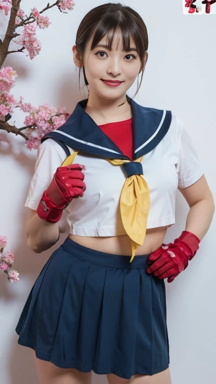  sailor suit costume，miniskirt，gloves，smile，bed band，sailor color， school uniform, shoes, Short Sleeve, Sneakers, loose socks,  shirt, 白い shirt,  gloves, red gloves,red turtle neck.Kasugano Sakura　Cosplay, brown eyes, brown hair,  short hair,blue skirt tug...