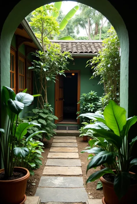 A small courtyard from the side of dining. Its a greenish courtyard with lots of plants. Its a kerala courtyard. A small metal step from courtyard to tereus. Its a one storey house. Three side of the courtyard sarrounded by wall with jalleys 