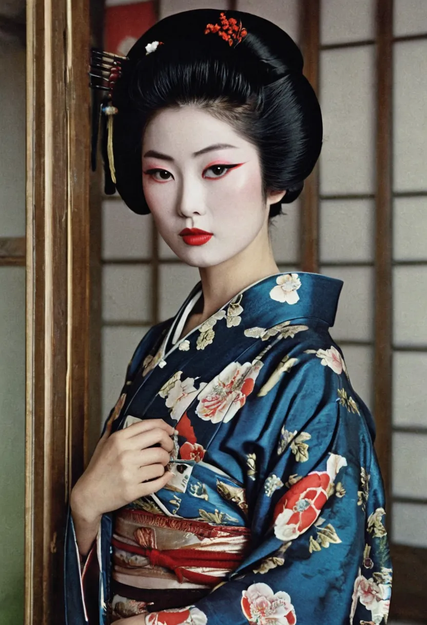 a film frame colors photo by Jeanloup Sieff and Helmut Newton in art déco style representing a beautiful 14 yers old fashion model Japanese geisha woman shows her huge breast