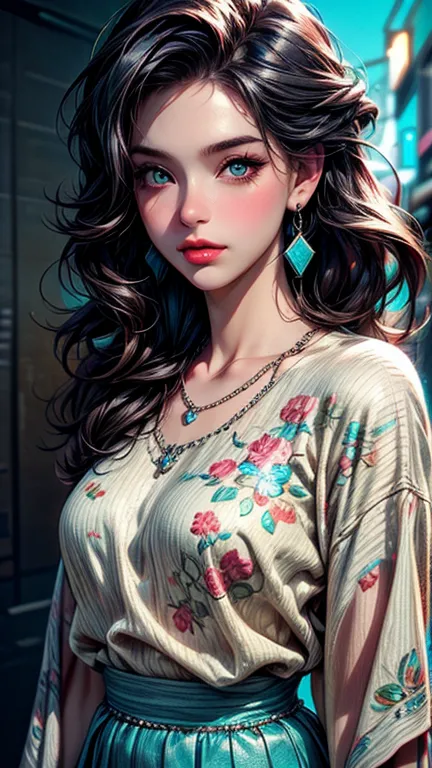 1girl, beautiful detailed eyes, beautiful detailed lips, extremely detailed face, long eyelashes, turquoise top, yellow floral skirt, earrings, necklace, retro fashion, elegant, glamorous, vibrant colors, cinematic lighting, nostalgic, timeless, high quali...