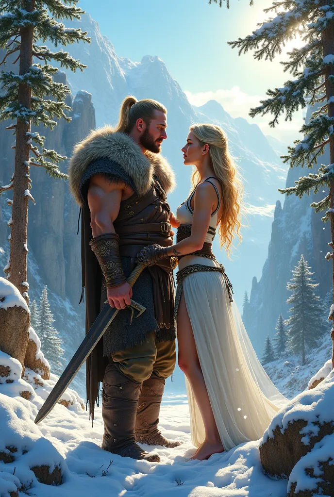 viking warrior, sensual blonde woman, in the snow on a sunny day, dressed in animal skins