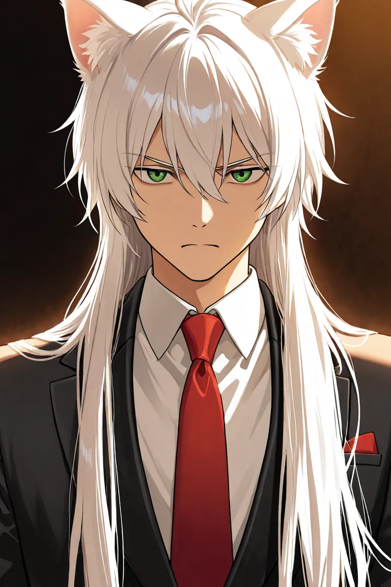 anime style, 30-year-old albino male, high, with cat ears on the top of the head, green eyes, serious expression, straight and long white hair wearing a black suit with a red tie