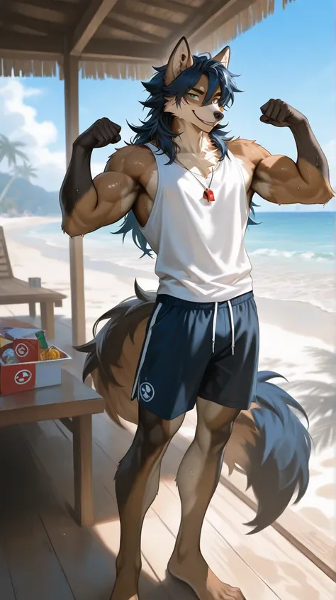 Beach house, beach, two male furry, male blue eyes、male short dark blue hair, male furry with muscular body, dark blue black furry male, furry male green eyes, brown fur body, long hair, snout, wolf ears, wolfy furry fox, muscular body, (light color:1.4)GB...