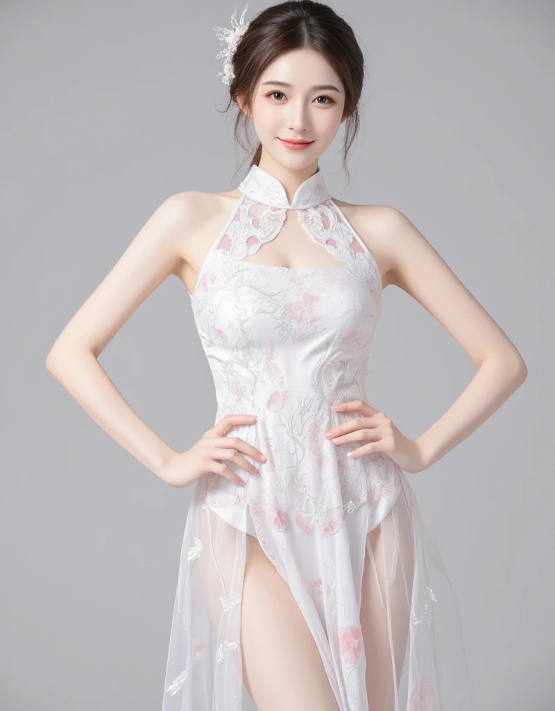 (8k、RAW Photos、Highest quality、masterpiece:1.2)、(Realistic、Realistic)、1 Girl、((China dress:1.2、Thin legs、whole body、View from the front、smile、Looking into the camera、Stand with hands on hips))、cute