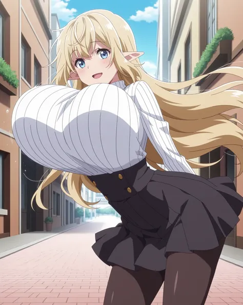 score_9, score_8_up, score_7_up, source_anime, anime coloring, anime screencap, 1 girl, solo, aria (Beheneko), long hair, blonde hair, elf, blue eyes, loving smile, white beautiful skin, gigantic breasts, bouncing breasts, standing, hands behind back, arch...