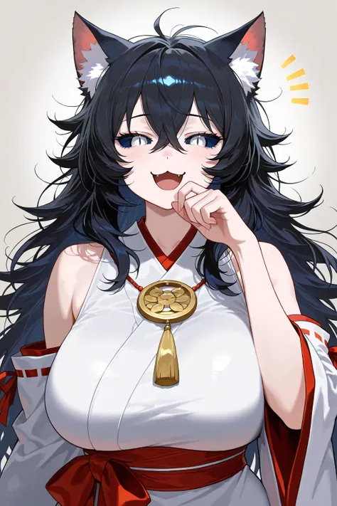 woman focus, upper body focus, solo divine goddess woman, curvy body, messy hair, black hair, cat ear fluff, slit pupils, dark-blue sclera, White eyes, shinto goddess miko fashion, :3, rest, laughing, happy, leaning at viewer, 