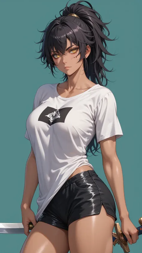 1 woman, about 30 years old, long black hair, hair in a ponytail, disheveled hair, bangs covering the scar on the left eye, yellow eyes, dark skin, elven ears, small scar on the right cheek, athletic build, medium-large breasts, firm ass, small scar on lef...