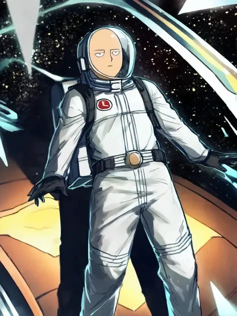 Saitama one punch man whit a poker face, dressing astrounaute clothes, spining in deep space,high resolution, masterpiece, anatomically correct, better quality, Awarded multiple times,  Super detail , depth of field, In the background Spock looks at Saitam...