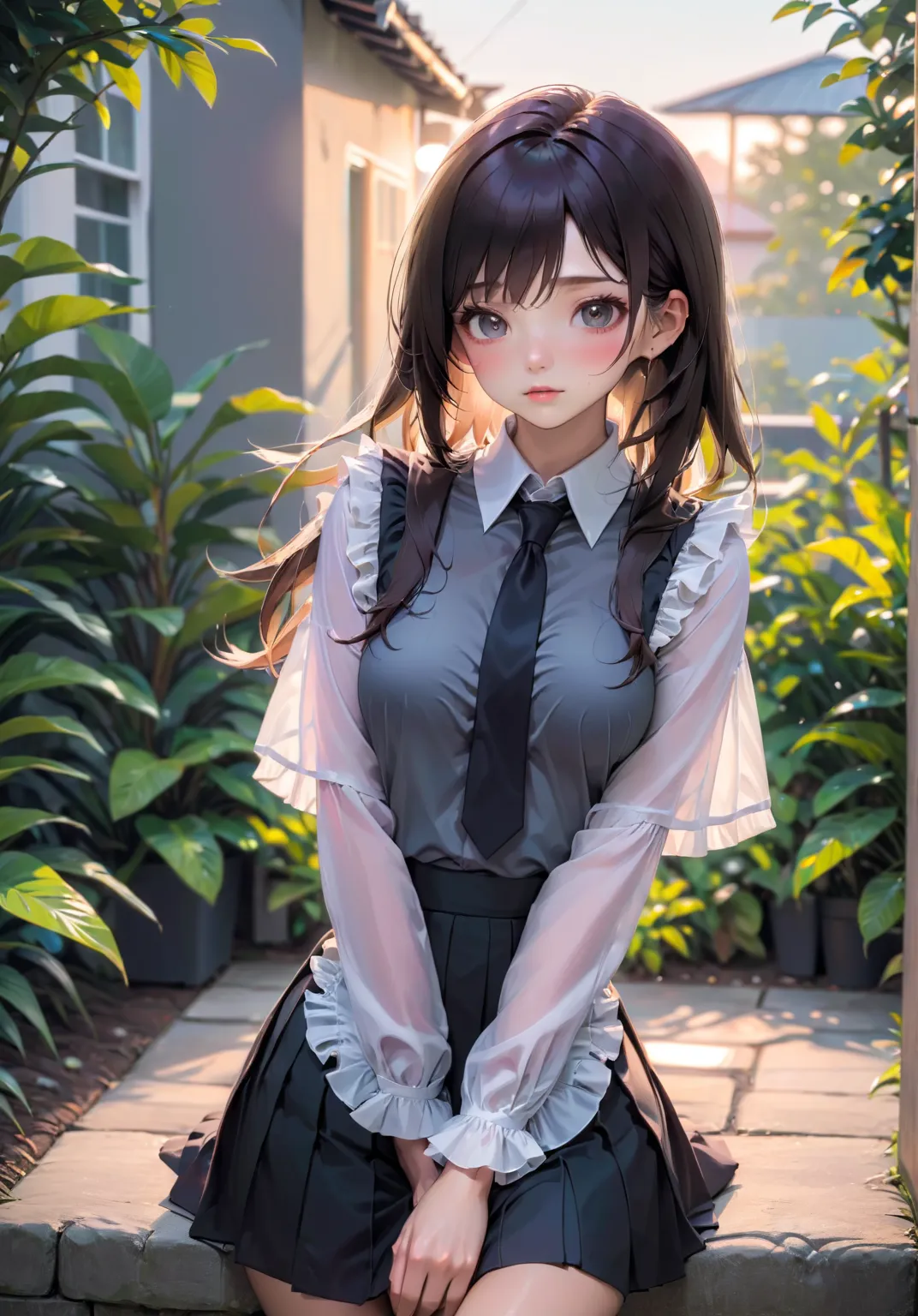 pretty student, sitting posed in garden, sunset sky, BREAK, (swept-side bang, side parted hair, long hair, dark-brown hair), BREAK, {(gray short sleeves shirt (+white collar, black necktie)), (black pencil mini skirt (+white ruffle pleated hem)), black thi...