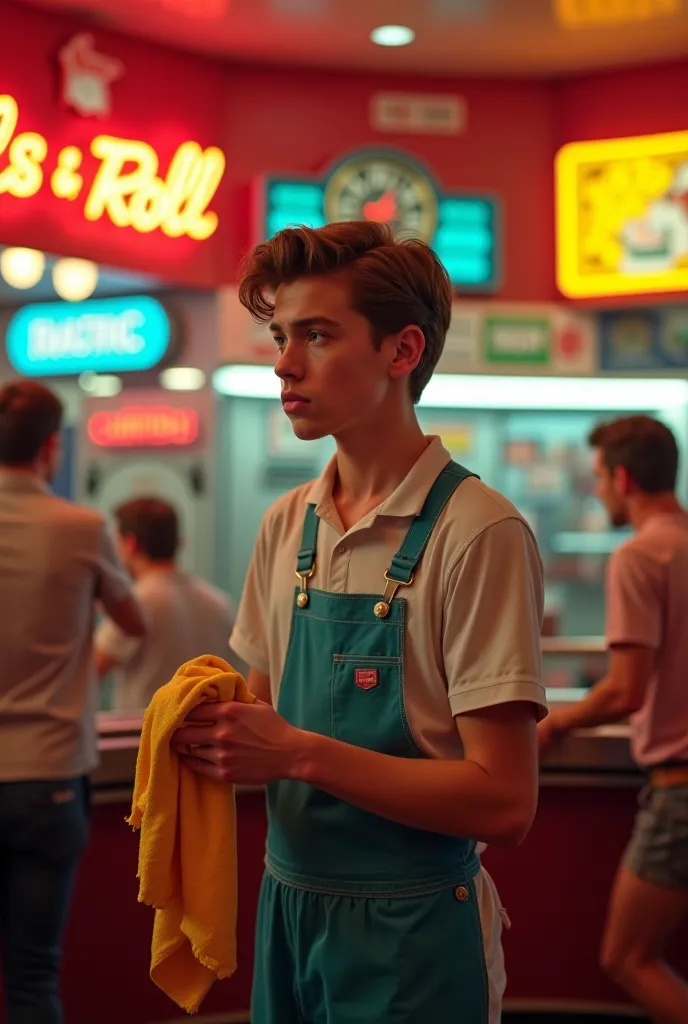 An 18-year-old with a bored expression, wearing a work uniform and holding a cleaning cloth in a 1950s snack bar. He looks at the clock, Wanting to go out. The snack bar has a retro style with neon signs, an old radio playing rock and roll and animated cus...