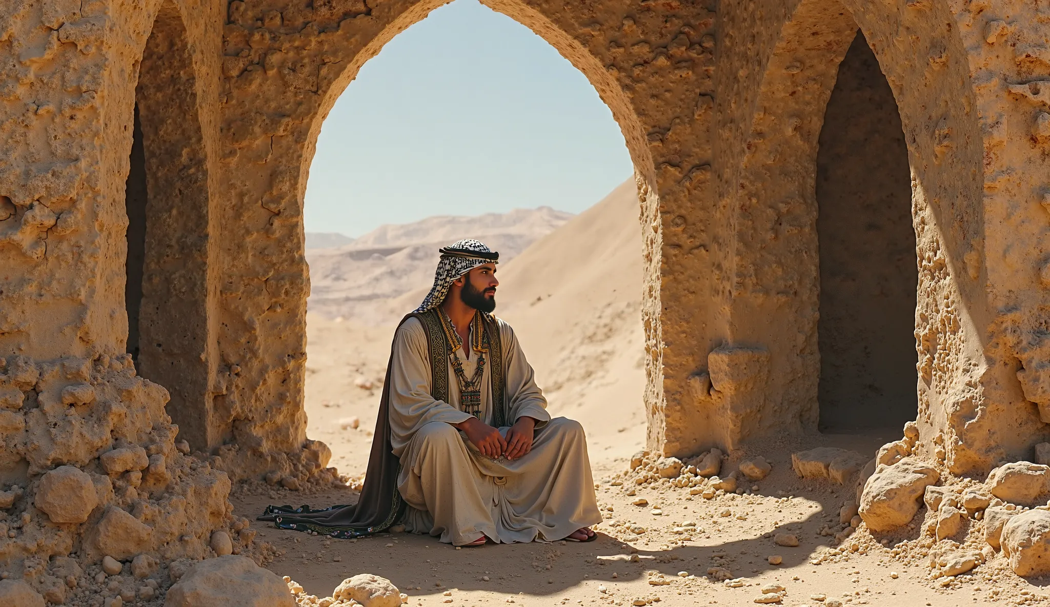 "A handsome person dressed in Arabic attire is sitting inside a dilapidated stone house built within a desert."