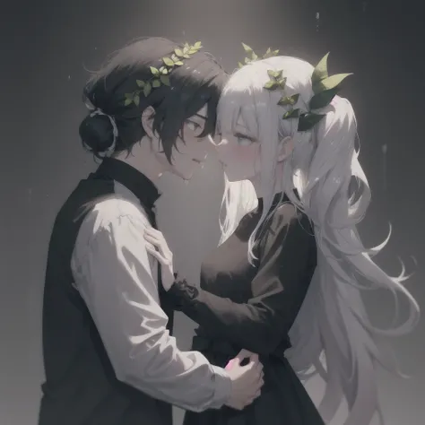  A couple in love , 1 guy:  long white hair in a ponytail, black shirt, hugs a girl. girl: with black flowing hair and a white dress with a leaf wreath on the head .  kiss, gloomy background,  rain, (4K). 