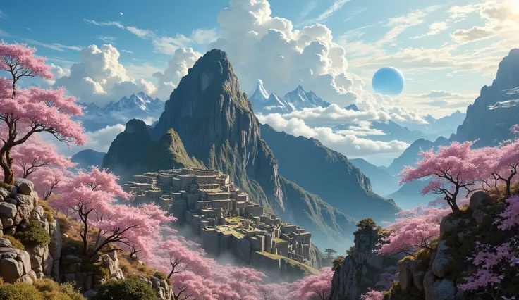 masterpiece, The ruins of Machu Picchu (cuzco) slice, a large cherry blossom forest, clouds everywhere , A planet in the sky , las ruinas de Machu Picchu muy Detailed, hermoso bosque de flor de cerezos de color slice, clouds all over the landscape, be...