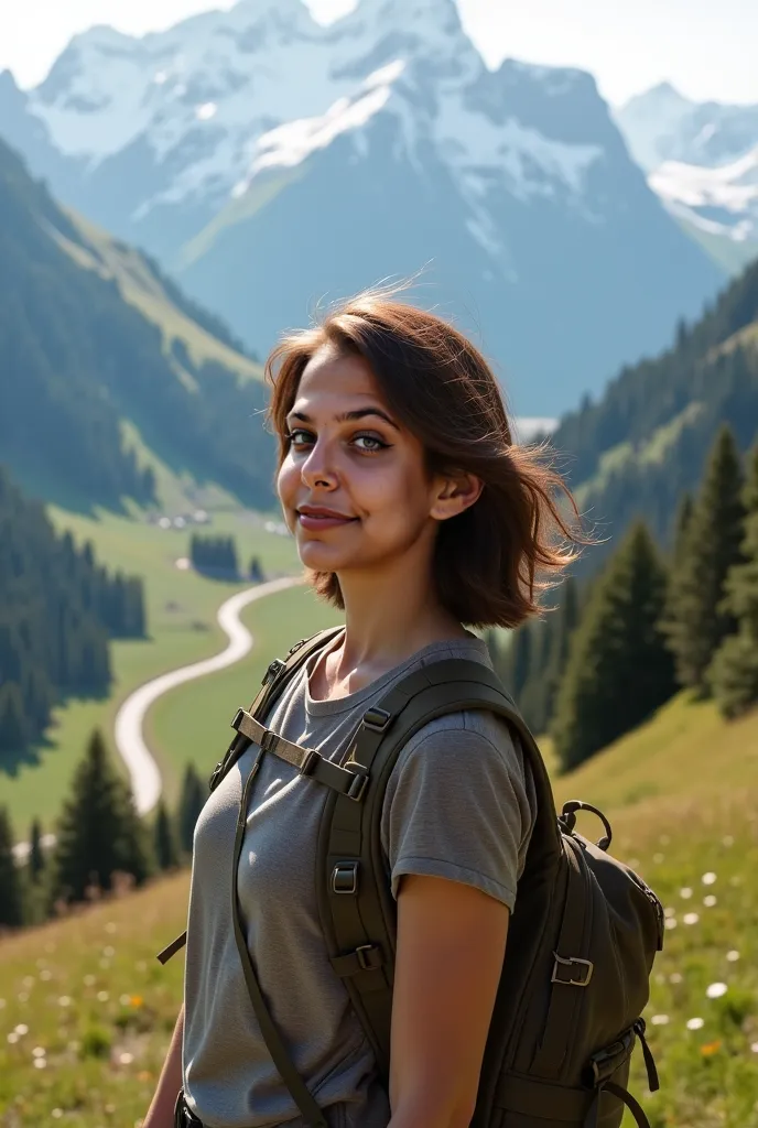 Create an ultra realistic image of me, feminine, 32 years old, 80kg natural body on a trip to Switzerland