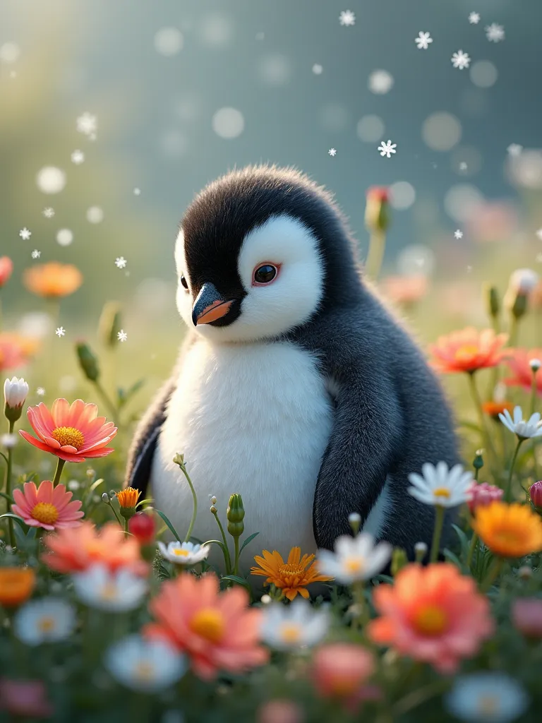 A baby penguin in a flower meadow and around him are still snowflakes 