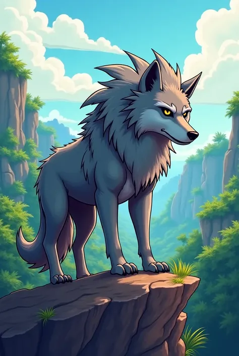 1. A fierce gray wolf standing on a cliff at the edge of the jungle, his sharp eyes scanning the horizon. His fur is ruffled by the wind, and his posture is ready for action. Cartoon 