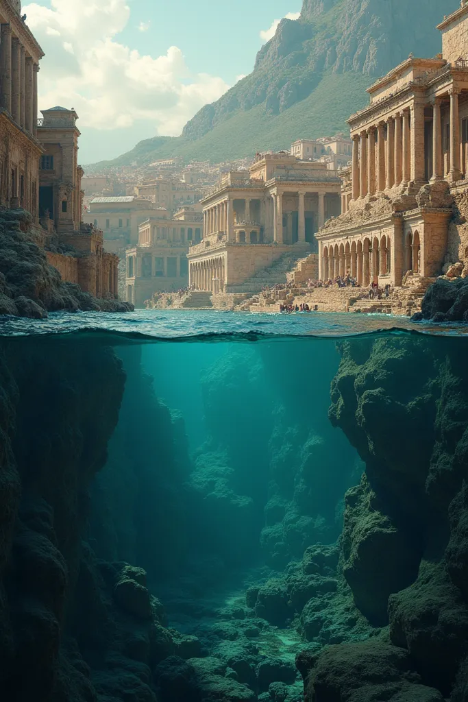 Split-screen contrast: ancient Heracleion bustling with life vs. its sunken ruins, tectonic plates shifting beneath, ultra-realistic geological drama 592x1024 [9:16], cinematic storytelling."