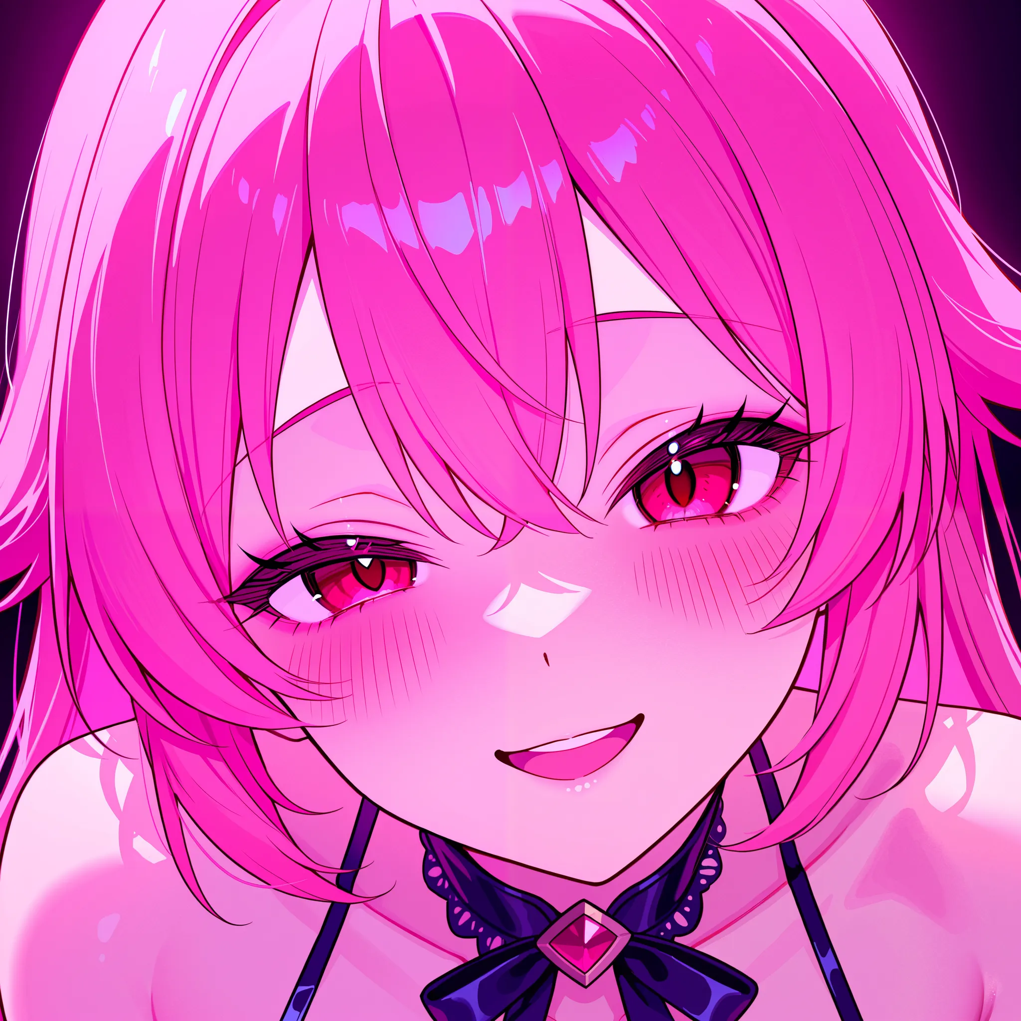  human women、 hair is pink、hair length up to shoulders、sexy expression、has blushing cheeks、 provocative、Half an eye、Yandere style、From the chest up、Cute clothes