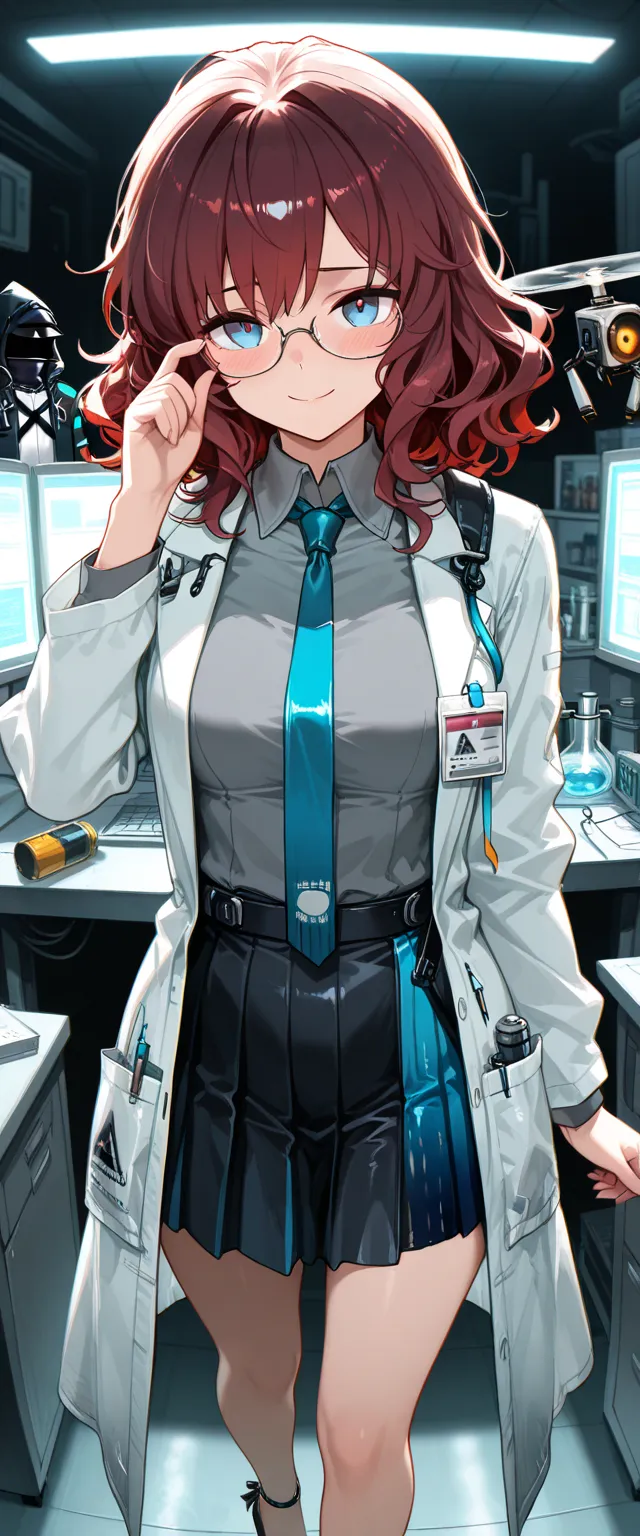 masterpiece, best quality, very aesthetic, absurdres, safe,1girl,doctor_(arknights),solo,dark red hair,wavy hair,medium hair,blue eyes,glasses,medium breasts,dark gray clothes,grey collar shirt,light blue tie,pleated skirt,black skirt,light blue skirt,high...