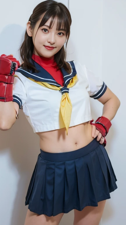  sailor suit costume，miniskirt，gloves，smile，bed band，sailor color， school uniform, shoes, Short Sleeve, Sneakers, loose socks,  shirt, 白い shirt,  gloves, red gloves,red turtle neck.Kasugano Sakura　Cosplay, brown eyes, brown hair,  short hair,blue skirt tug...