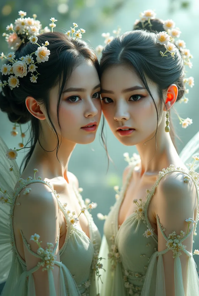 You can see the detailed and realistic korean fairy characters with clear skin pores and texture, a Chinese fairy in gorgeous, and looking at the camera