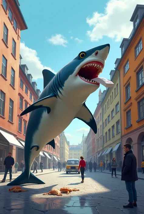 Create a picture of a shark, Who just picked up a white nicotine pouch and is standing in a square in Stockholm